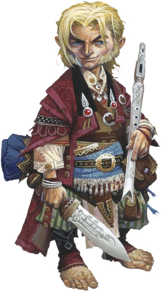 Pathfinder Second Edition Bard, with a flute in one hand and a shortsword int he other, this eccentrically-dressed blonde halfling smirks with confidence.