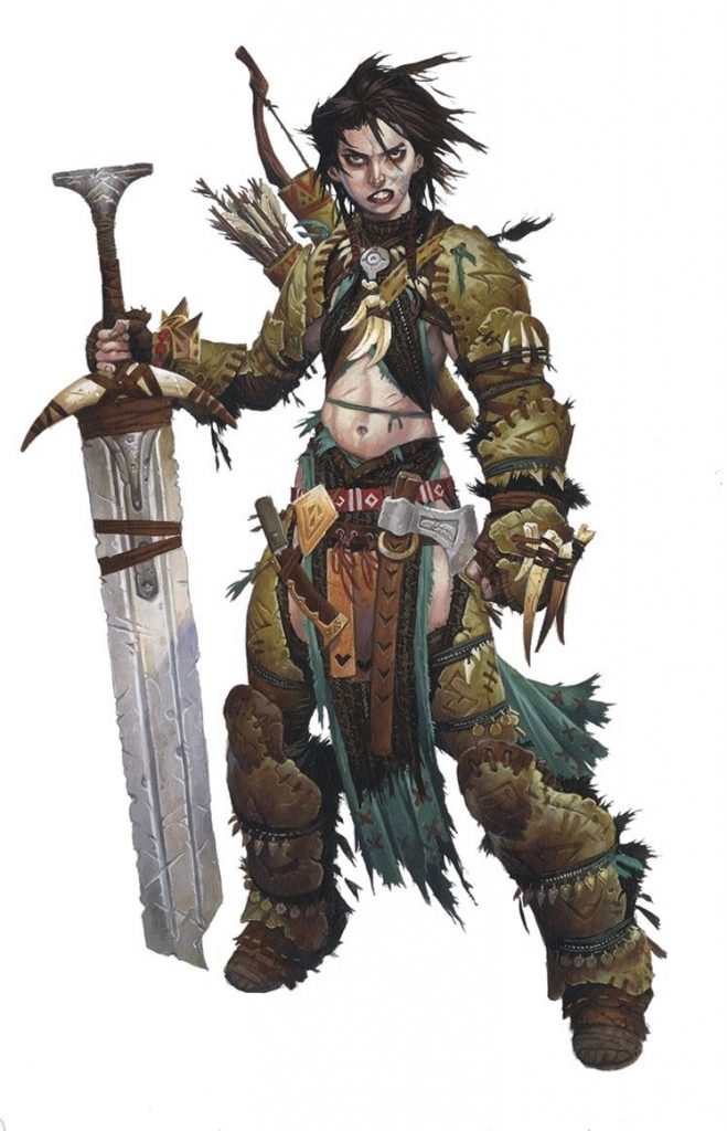 A Pathfinder 2E Barbarian, Amiri is calm before her inevitable rage, resting on her gigantic sword.