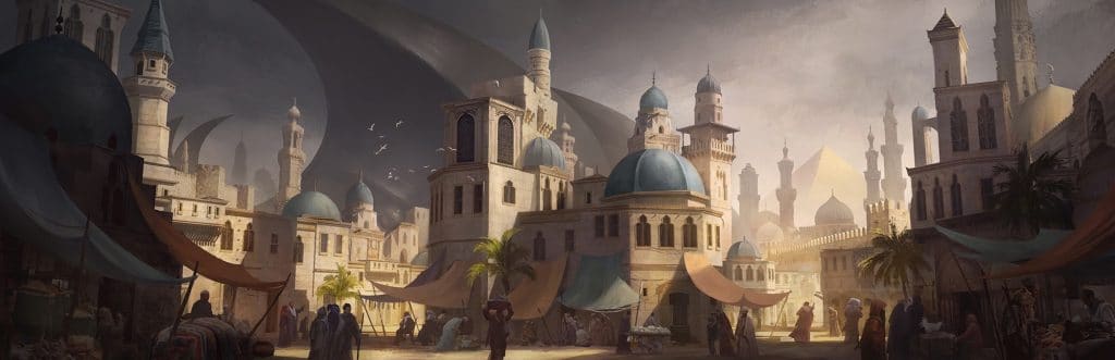 The sun sets on the sandstone-colored city, capped by blue domes, in a scene from the Lost Omens World Guide.