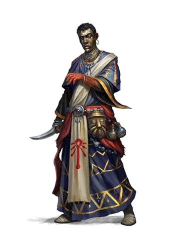 From the Lost Omens World Guide, a robed man with his left hand stained red and his face decorated with intricate designs, holds a dagger at the ready.