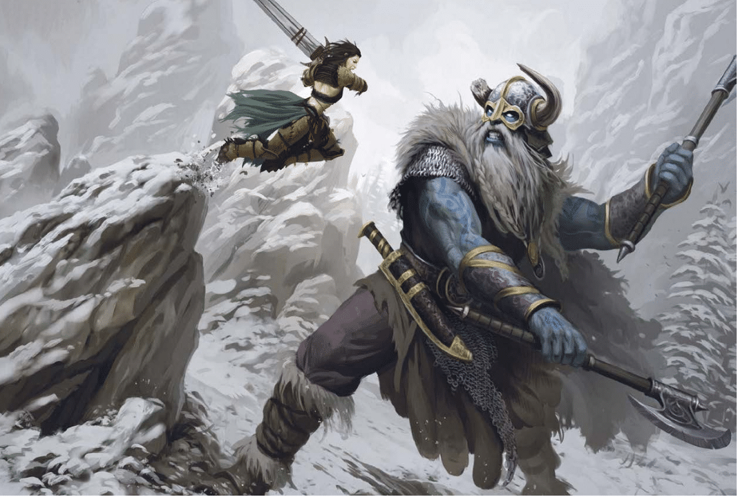 Amiri leaps off a frozen stone in an attempt to strike a vicious frost giant wielding a pair of axes!