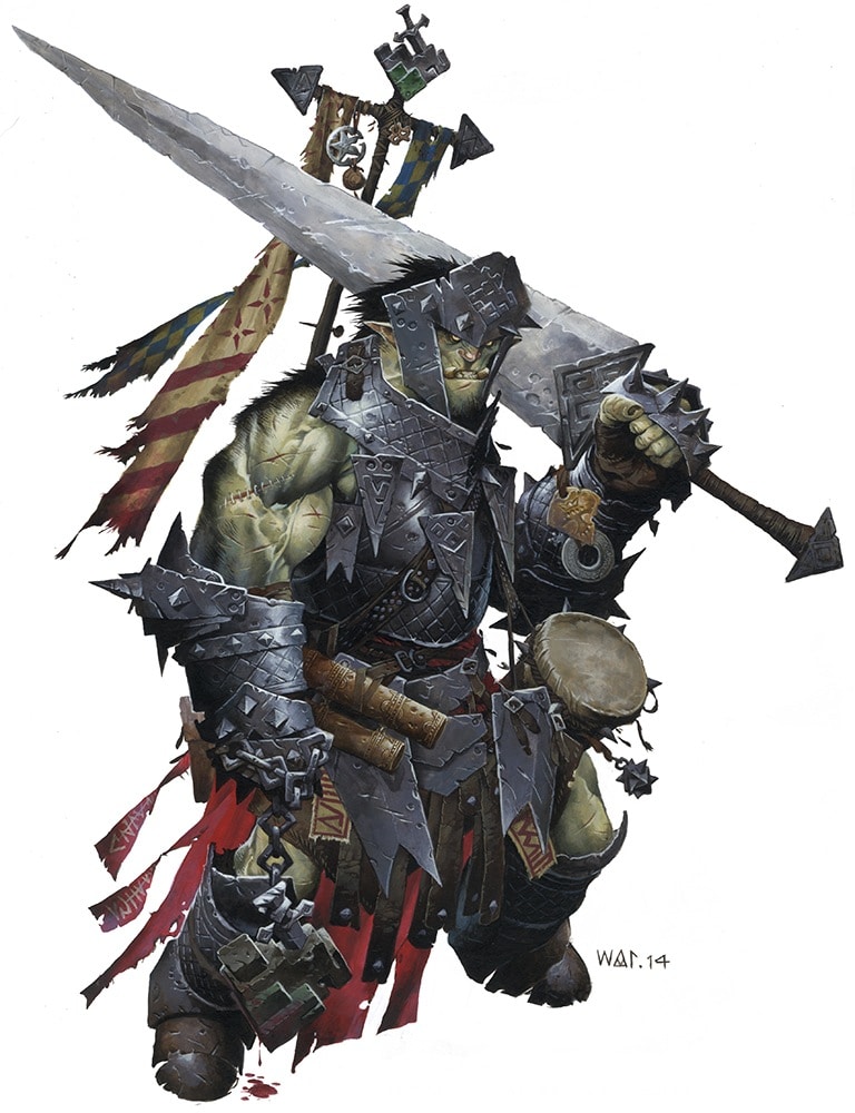 Pathfinder First Edition Cleric (Warpriest), Oloch, an orc with a mighty sword and tattered banner waving gently behind his heavily armored body.