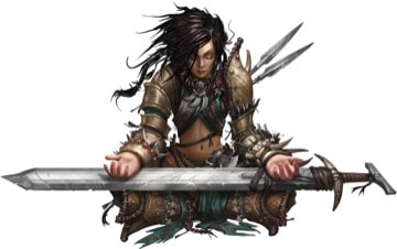 A Pathfinder 2E Barbarian, a reverent Amiri sits cross-legged, palms pointing upright as they rest on her massive sword.
