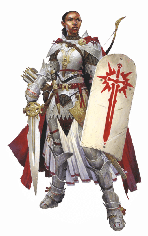 The Pathfinder Second Edition Champion iconic, Seelah, is heavily armored in sturdy platemail.