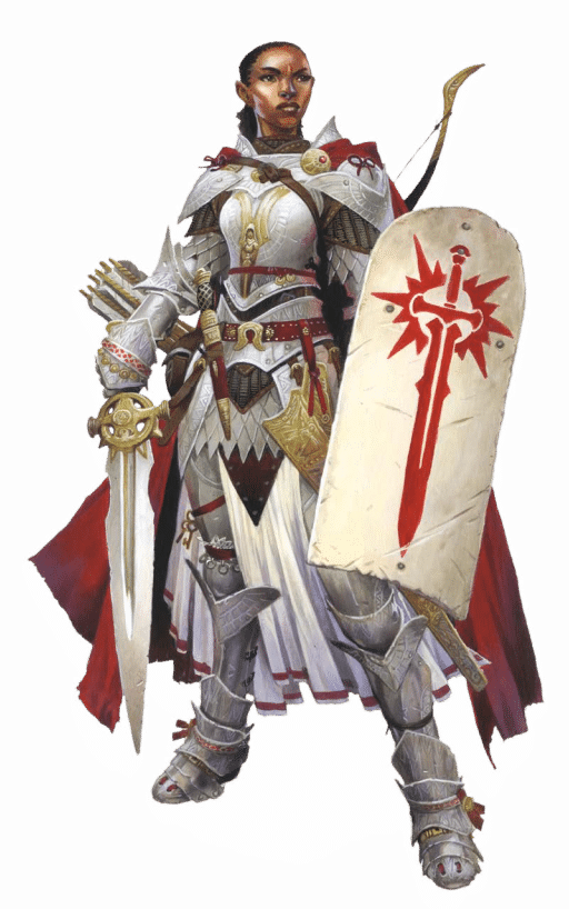 The Pathfinder Second Edition Champion iconic, Seelah, is heavily armored in sturdy platemail.