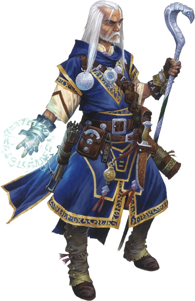 Pathfinder Second Edition Wizard, Ezren is an older man with gold-trimmed blue robs and a hooked staff of brilliant white.