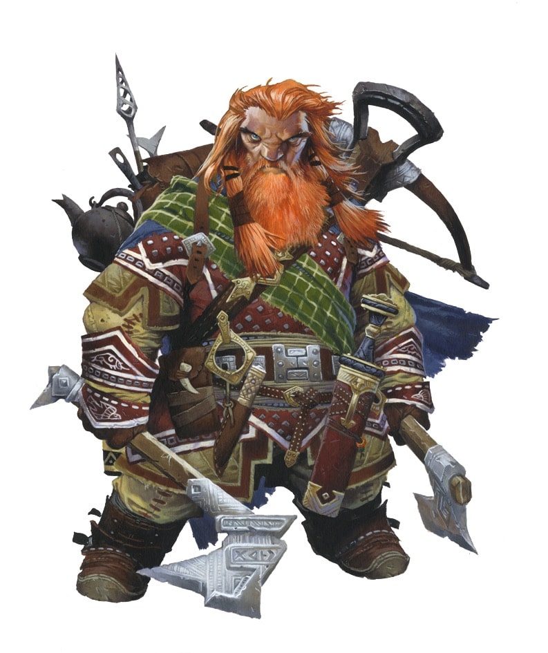 Pathfinder Second Edition Ranger Iconic, Harsk, wielding a pair of war axes and a crossbox on the back of his stout dwarvish frame.