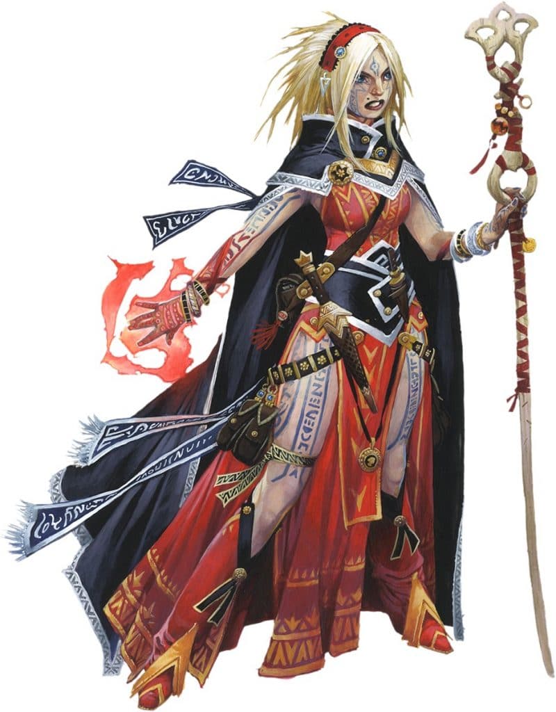 Pathfinder Second Edition Sorcerer, Seoni, with bright red magic rippling across her hand while holding a ribboned staff in the other.