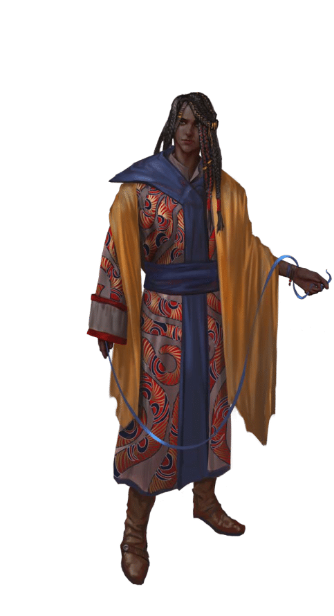 Pathfinder Second Edition Rogue, an Anadi Rain-Scribe who is wearing a colorful set of blue-trimmed robes and a golden cloak.