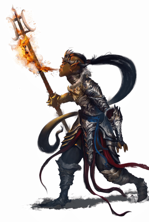 Pathfinder Second Edition Wizard, a Changeling Hellknight wielding a trident and blowing flame from her mouth.