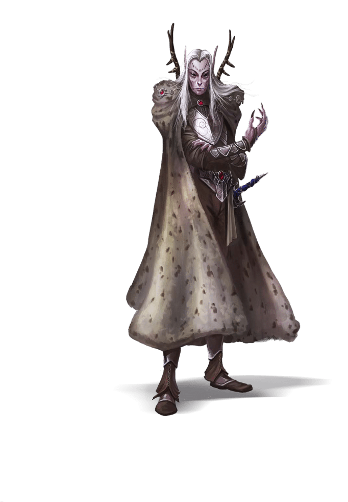 Pathfinder Second Edition Rogue, a regal elf clothed in an animal skin cloak and dark brown robes.