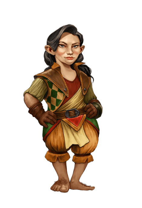 Pathfinder Second Edition Wizard, a Mihrini Halfling wearing a patterned vest and common Varisian clothing.