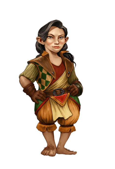 Pathfinder Second Edition Wizard, a Mihrini Halfling wearing a patterned vest and common Varisian clothing.