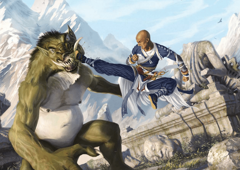 Pathfinder Second Edition Monk by Paizo, performing a high-flying kick against a beast!