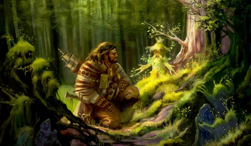 Pathfinder Second Edition Druid communing with the natural world and their leshy familiar.