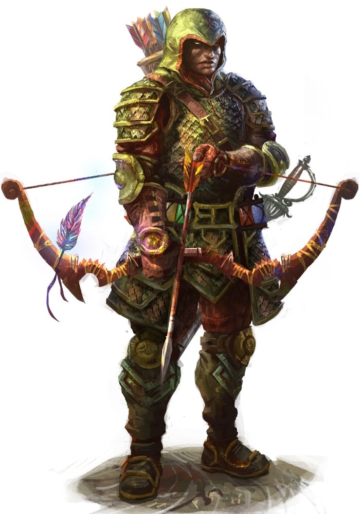 Pathfinder Second Edition Ranger, hooded and covered in vibrant colors, wielding a bow.