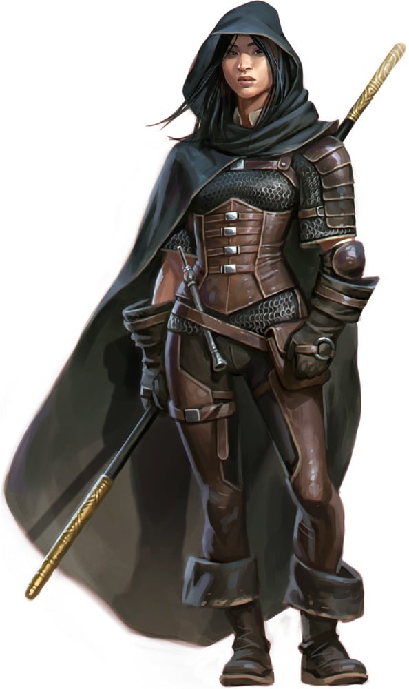 Pathfinder Second Edition Monk, Amaya, dressed in leather and carrying a staff behind her cloaked back.