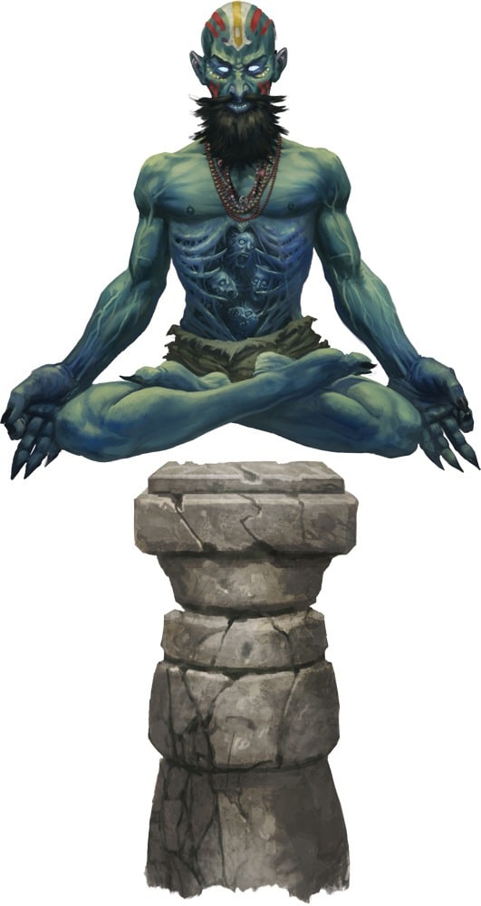 Pathfinder Second Edition Monk, Rudrakavala suspended above a stone pillar with the spectral shapes of skulls poking out from his ribcage.