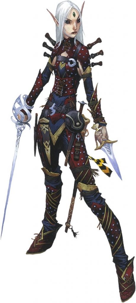Pathfinder Second Edition Rogue Merisiel, ready to dish out damage with her slender rapier and sharp knife.