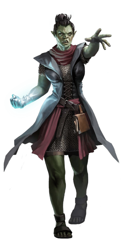 Pathfinder Second Edition Sorcerer, a Spellmaster from the Lost Omens Character Guide. A fearsome, pale orc woman has a right palm glowing with blue magic.