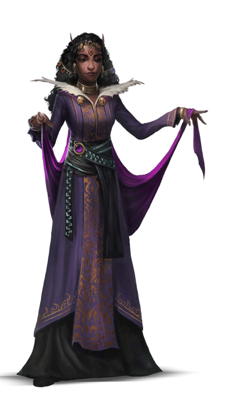 Pathfinder Second Edition Wizard, a Auideen elf clad in a deep purple gown. She has a bronze crown atop her flowing black hair.