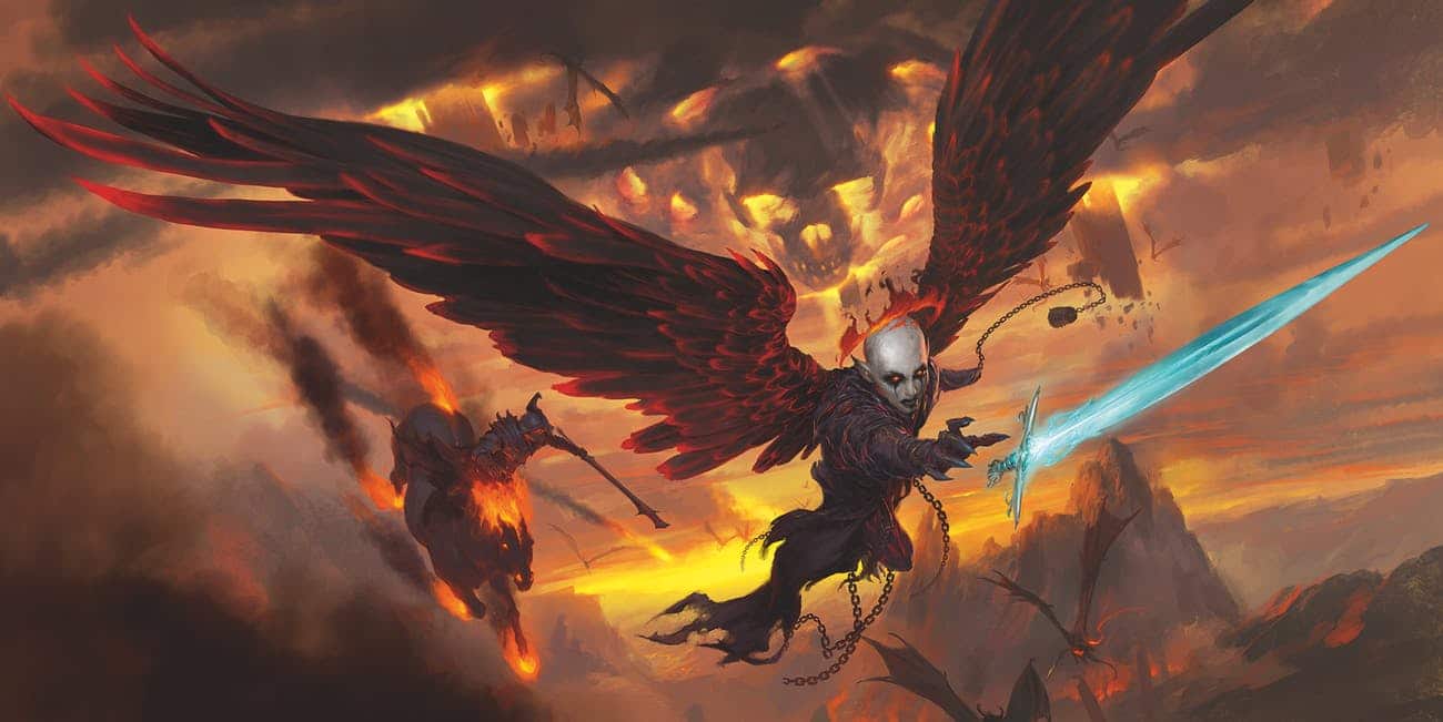 From Baldur's Gate: Descent into Avernus, a winged figure with a stark white face and dark eyes reaches out towards a glowing blue sword while the world burns behind them.