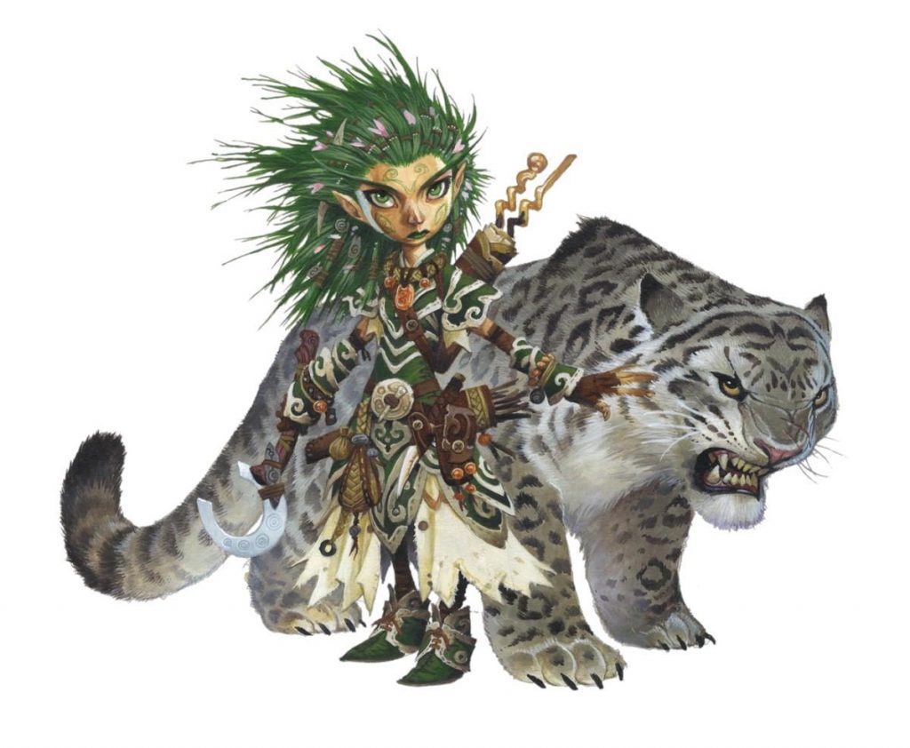 Pathfinder Second Edition Druid, the green-haired halfling Lini and her trusty companion Droogami, a ferocious snow leopard.