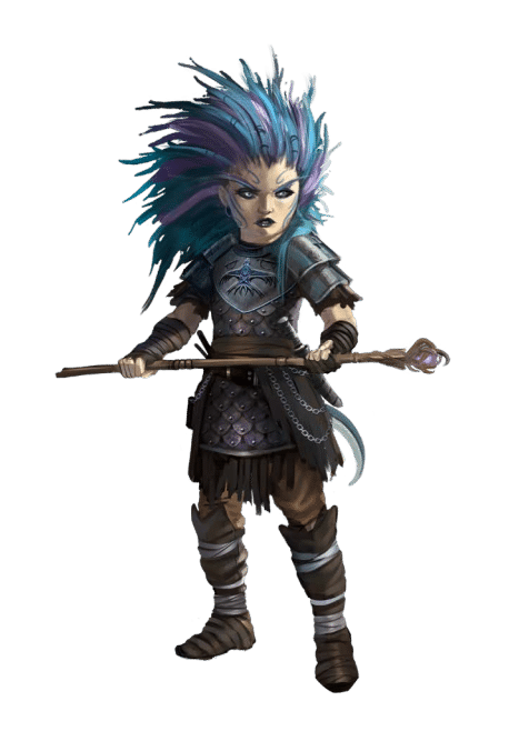 Pathfinder Second Edition Sorcerer, a strong-willed gnome with blue and purple hair and swirling tattoos. She has a blue raven marked across the chestplate of her armor, and she's holding a balanced staff across her body.
