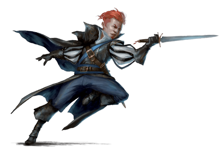 Pathfinder Second Edition Sorcerer, a handsome devil with fiery orange hair mid-pounce with his shortsword