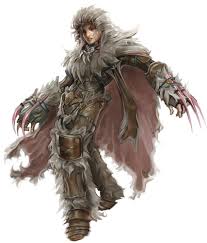 Pathfinder Second Edition Ranger by Kent Hamilton, dressed in thick white furs and equipped with slender pink claws protruding from the tops of her hands.
