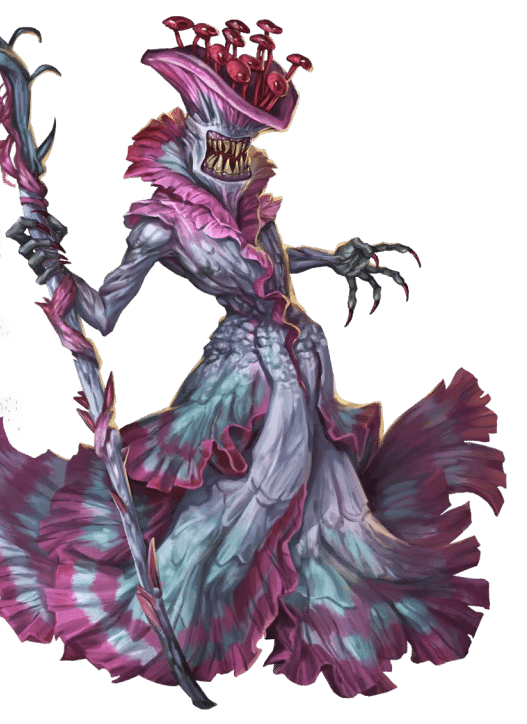 Pathfinder Second Edition Sorcerer, a bright purple fungus leshy with jagged teeth and a gorgeously-layered, iridescent gown.