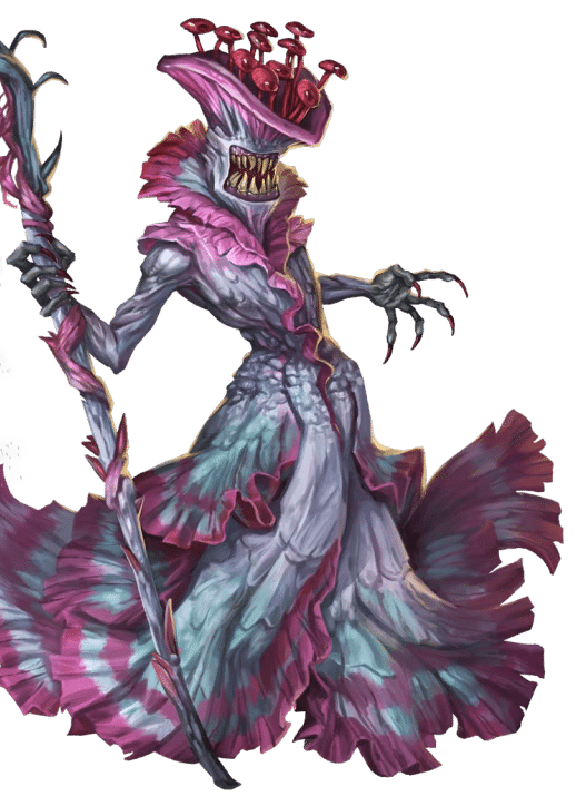 Pathfinder Second Edition Sorcerer, a bright purple fungus leshy with jagged teeth and a gorgeously-layered, iridescent gown.