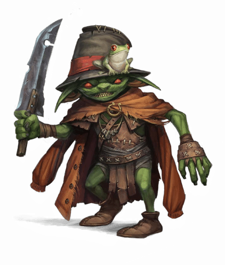 Pathfinder Second Edition Wizard, a Rasp Goblin with a floppy black hat and a pet frog. He brandishes a rudimentary short sword which wearing an auburn coat as a cloak.