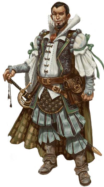 Pathfinder Second Edition Wizard, a Thassalonian man dressed in simple finery, his hand resting on the pommel of his rapier.