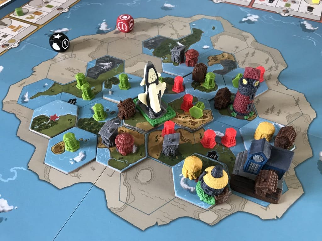 Tapestry Board Game Review, end-game board showing conquered and explored tiles.