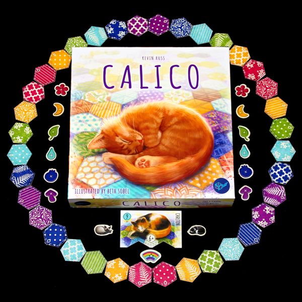 Calico component tiles and box art, a board game releasing in 2020.