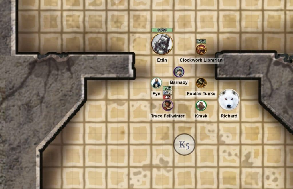 Roll20 Campaign view with the party facing off against an Ettin.