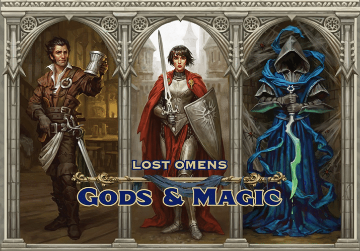 Cover of Lost Omens Gods and Magic book featuring Iomedae flanked by Cayden Cailean and Norgorber.