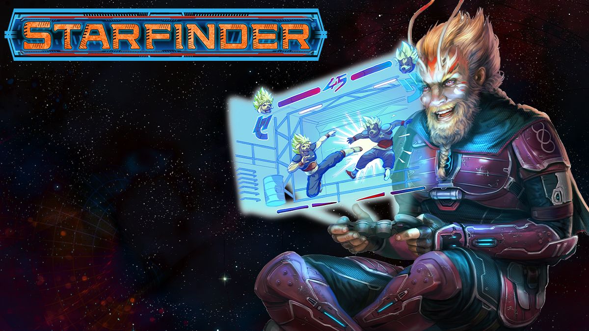 Starfinder species playing a video game with hologram.