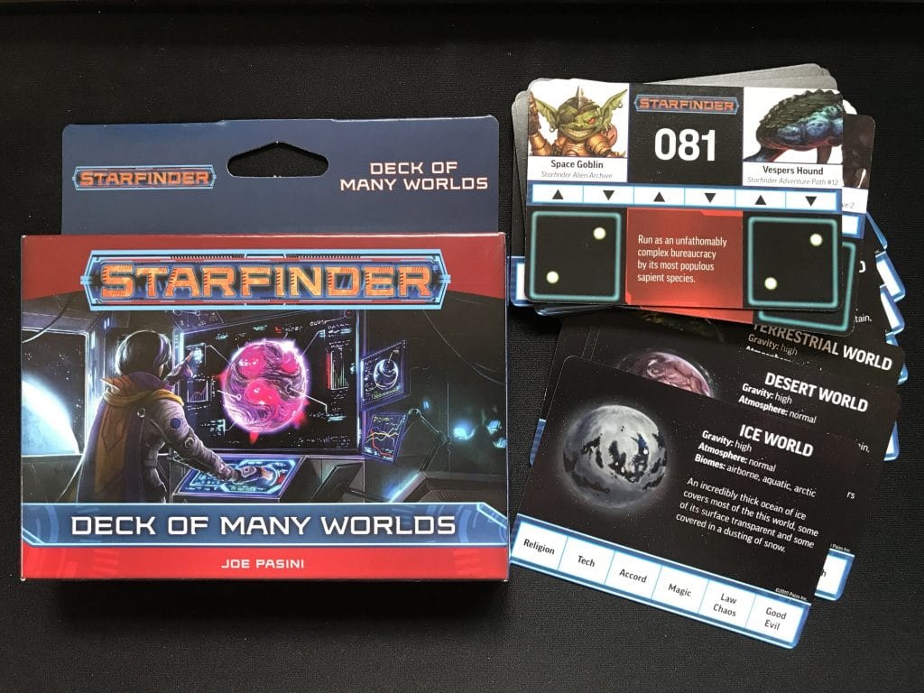 Starfinder Deck of Many Worlds, outside packaging and card examples.