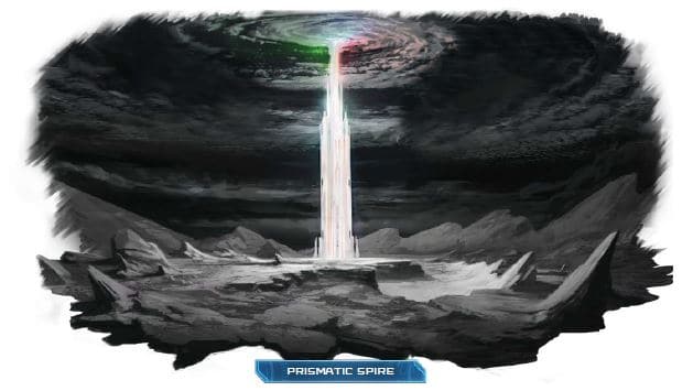 Prismatic Spire from Starfinder Near Space, a constructed glass tower extending up into a cloud of shadow.
