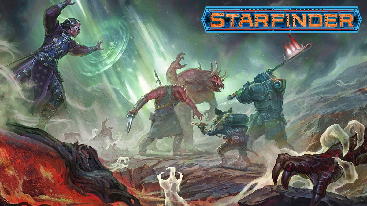 A fierce battle between Vesk and others from Starfinder roleplaying game by Paizo.