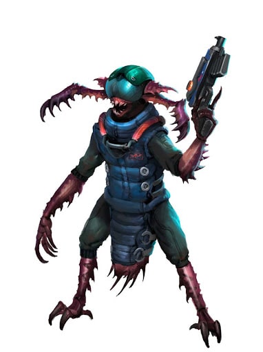 Starfinder Theme Insectoid creature with a wide-goggled helmet.