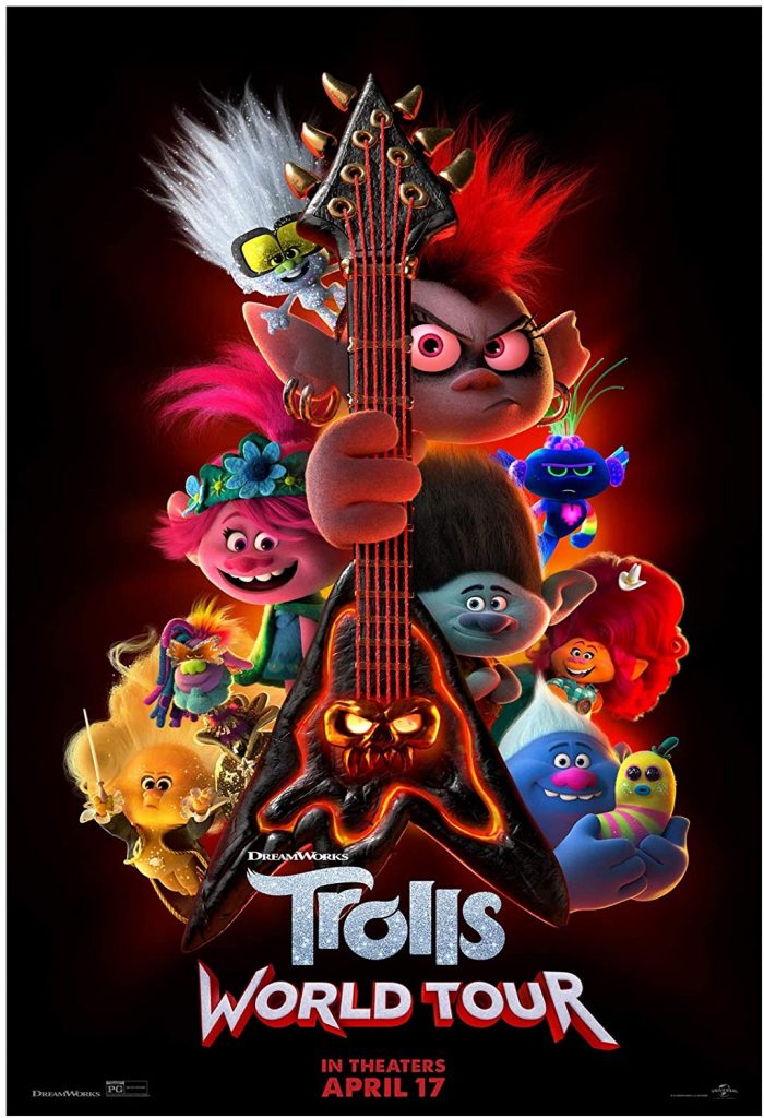 The movie poster for Trolls World Tour featuring many trolls around an electric guitar.