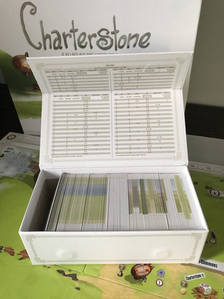 Charterstone Board Game white box with many cards inside.