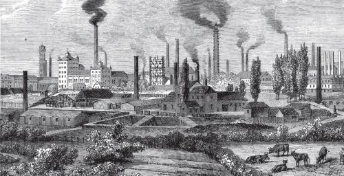 A black and white image of a smoggy skyline in the Industrial Revolution