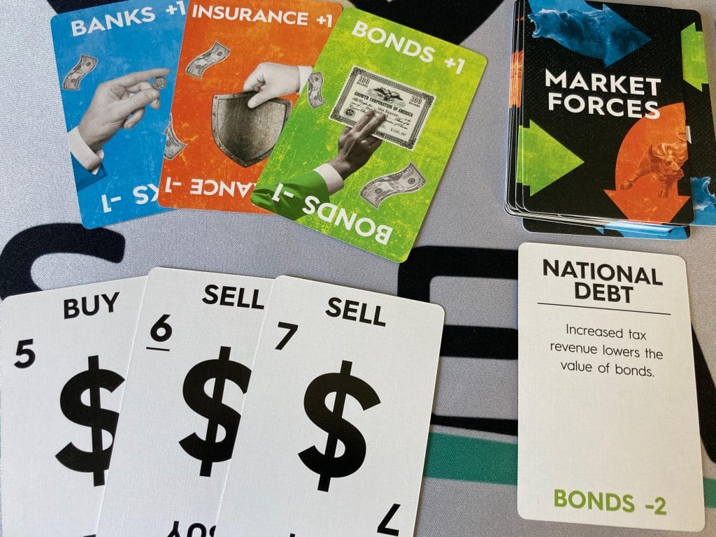 Exchange board game card samples for buying and selling, securities, and Market Forces.