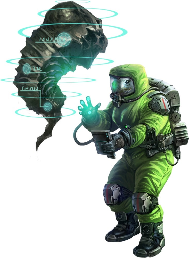 Starfinder character in a haz-mat suit cautiously approaching a strange cloud while their datapad identifies it.