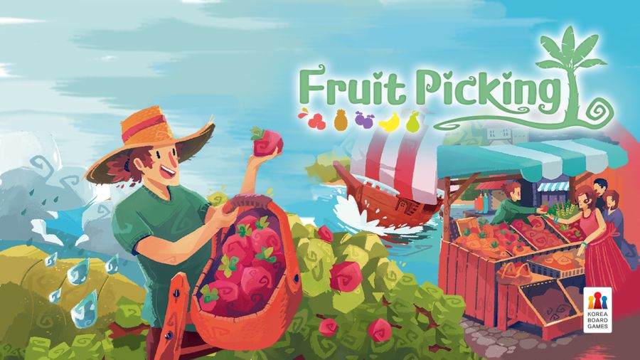 Fruit Picking board game featuring a person harvesting fruits above the shoreline.