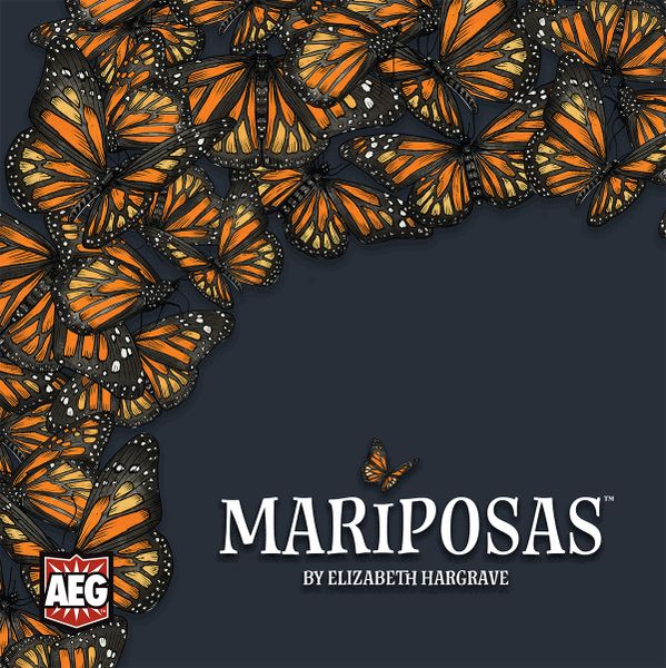 Mariposas Board Game Cover featuring a multitude of bright orange monarch butterflies on a slate gray background.
